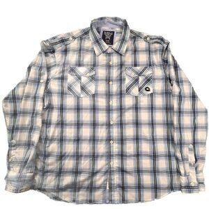 Akademiks Men Size 4XLarge Roll Tab Long Sleeve Button Down Blue Plaid Shirt 4XL
